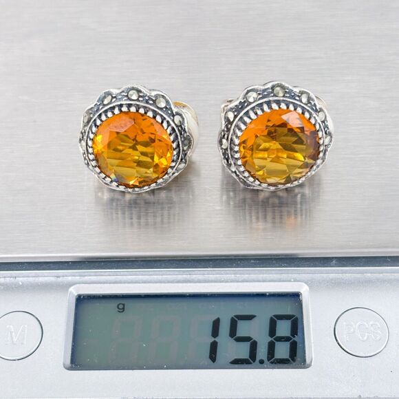 Vintage Sterling Silver 925 Yellow Glass & Marcasite Clip-on Earrings - Picture 6 of 7